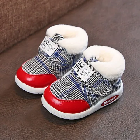Toddler Baby Walker Shoes Winter Thickened Fleece Lined Snow Boots For Boys Girls Checkered Canvas PU Leather Non-slip Warm Infant Shoes