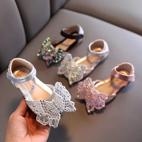 Girls Princess Shoes Glitter Rhinestone Butterfly Bow Mary Jane Flats Artificial Pearl Wedding Party Dance Dress Shoes For Toddlers Kids