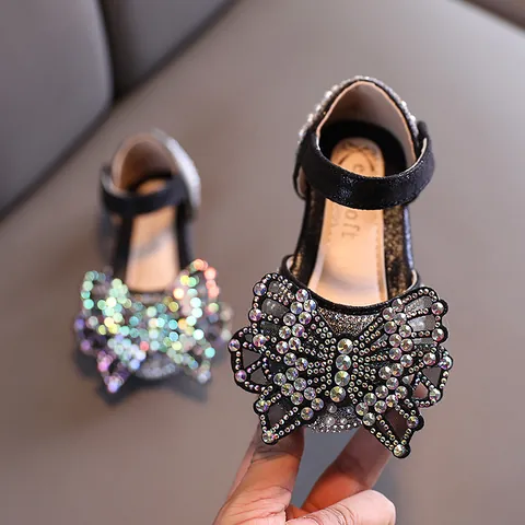 Girls Princess Shoes Glitter Rhinestone Butterfly Bow Mary Jane Flats Artificial Pearl Wedding Party Dance Dress Shoes For Toddlers Kids