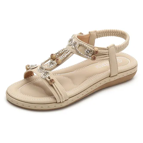 Sandales Plates en PU Bohème pour Femmes Décoration de Strass et Perles Chaussures de Plage Confortables Décontractées de Vacances avec Bride en T Élastique Arrière