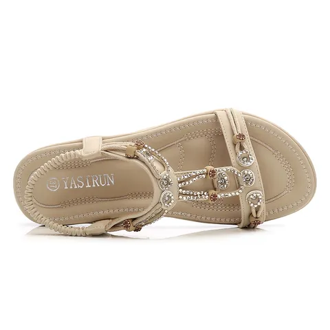 Sandales Plates en PU Bohème pour Femmes Décoration de Strass et Perles Chaussures de Plage Confortables Décontractées de Vacances avec Bride en T Élastique Arrière
