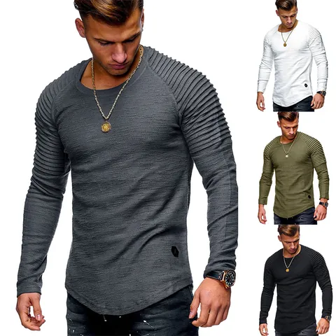 Men's Casual Slim Fit Round Neck Long Sleeve T-Shirt Solid Color Ribbed Shoulder Pleated Design Curved Hem Polyester Top