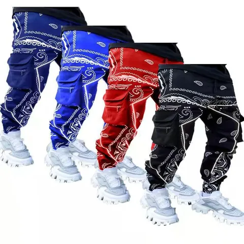 Men Paisley Print Harem Cargo Pants High Street Multi Pocket Joggers Loose Fit Polyester Bottoms Casual Streetwear Trousers