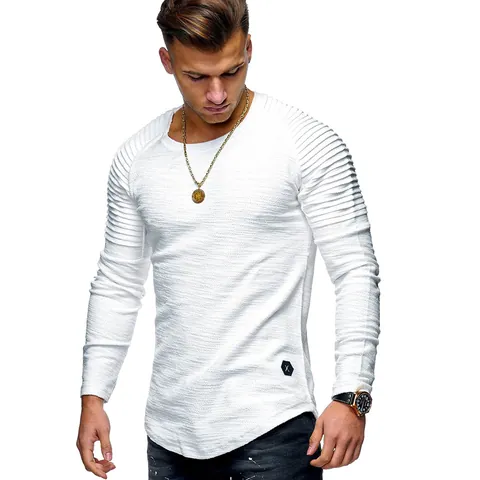 Men's Casual Slim Fit Round Neck Long Sleeve T-Shirt Solid Color Ribbed Shoulder Pleated Design Curved Hem Polyester Top