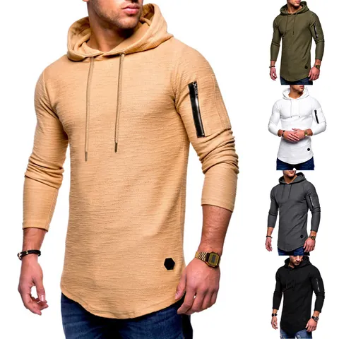Men Slim Fit Hooded Long Sleeve T-Shirt With Arm Zipper Pocket Solid Color Casual Curved Hem Polyester Hooded Top