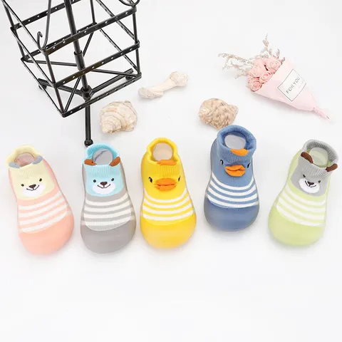 Baby Floor Sock Shoes Cartoon Animal Soft Sole Non-Slip Toddler First Walkers Striped Knitted Breathable Indoor Shoes For Kids