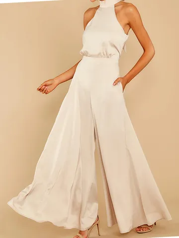 Halter Neck Back Bow Satin Jumpsuit For Women High Waist Wide Leg Jumpsuit Elegant Solid Color One Piece Jumpsuit Outfits
