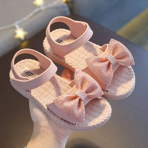 Girls Bow Rhinestone Sandals Summer New Korean Princess PVC Soft Sole Sandals Velcro Beach Shoes Kids Casual Footwear