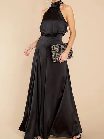 Halter Neck Back Bow Satin Jumpsuit For Women High Waist Wide Leg Jumpsuit Elegant Solid Color One Piece Jumpsuit Outfits