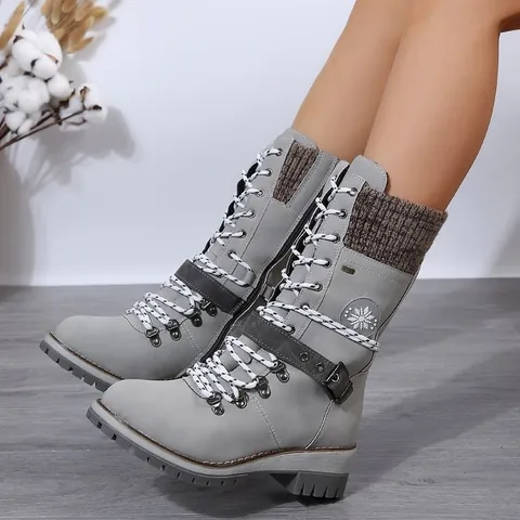 Botas de Invierno para Mujer a Media Pantorrilla Tacón Cuadrado Cordones Botas Martin Con Retazos de Hilo Cálidas Botas de Nieve