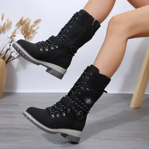 Botas de Invierno para Mujer a Media Pantorrilla Tacón Cuadrado Cordones Botas Martin Con Retazos de Hilo Cálidas Botas de Nieve