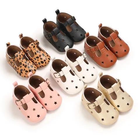 Soft PU Leather Baby Shoes Star Cutout Non-Slip First Walkers For Newborn Toddler T-Strap Buckle Infant Pre-Walking Casual Shoes