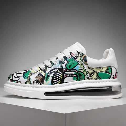 Men Fashion Graffiti Printed Casual Sneakers Hip Hop Air Cushion Platform Shoes Trendy Street Style PU Leather Skate Shoes