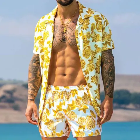 Men Hawaiian Beach Set Tropical Leaf Print Cuban Collar Short Sleeve Shirt Drawstring Shorts Casual Summer Top And Bottom
