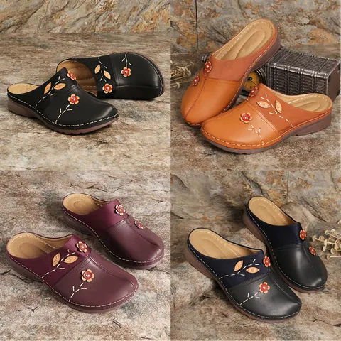 Women Retro PU Leather Flower Closed Toe Mules Flat Sandals Casual Contrast Stitching Outdoor Slip On Slippers Large Size Shoes