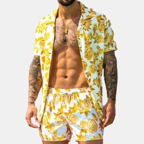 Men's Hawaiian Beach Floral Printed Top And Bottom Outfit Relaxed Short Sleeve Shirt and Shorts Casual Summer Holiday Resort Wear