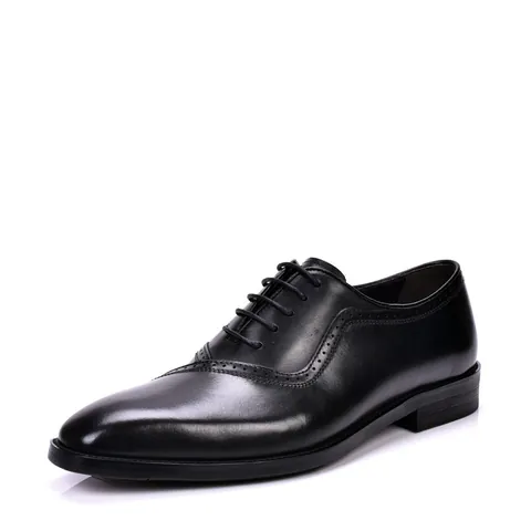 Men Business Formal Oxford Shoes Genuine Cowhide Leather Brogue Wingtip Pointed Toe Lace-up English Style Dress Shoes For Wedding