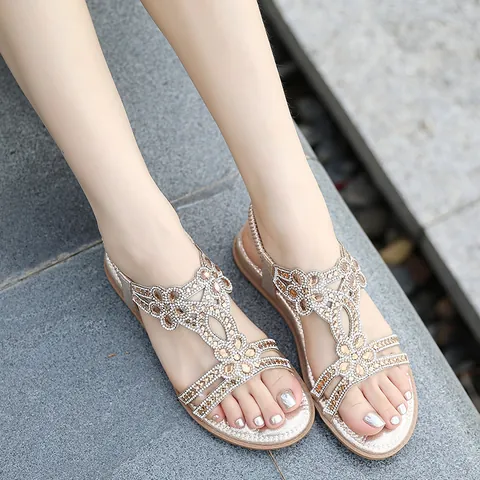 Sandales Plates Femme Bohême Ajourées Strass Fleur Bride Élastique Décontractées Vacances d'Été Plage
