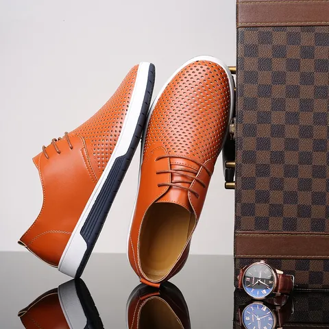 Men's Casual Hollow Out Microfiber Leather Sneakers Breathable Lace Up Fashion Flat Board Shoes Large Size