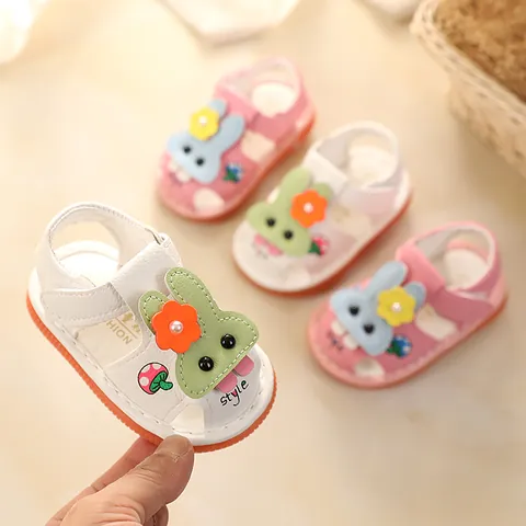 Summer Baby Girls Walking Sandals Cotton Fabric Soft Sole Anti-Slip Cartoon Bunny Princess Toddler Shoes For 0-2 Years Old