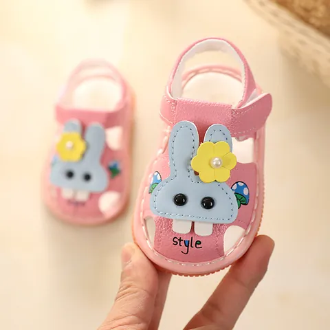Summer Baby Girls Walking Sandals Cotton Fabric Soft Sole Anti-Slip Cartoon Bunny Princess Toddler Shoes For 0-2 Years Old