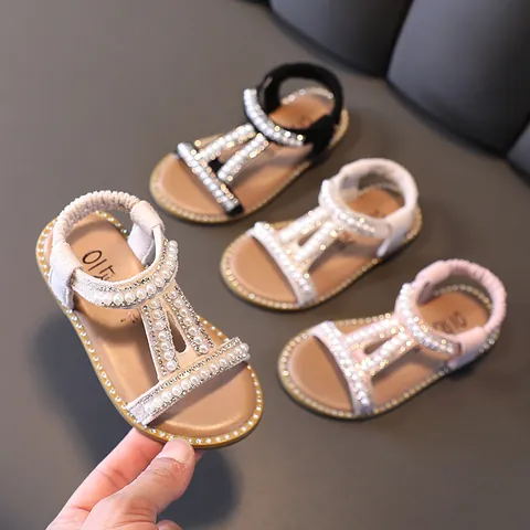 Girls Roman Princess Sandals Summer Korean Style Open Toe Rhinestone Artificial Pearl Flat Sandals For Kids Party Casual