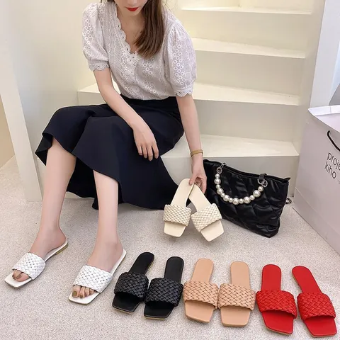 Women Braided Strap Slides Square Toe Flat Sandals Lightweight PVC Beach Shoes Casual Summer Slip-On Outdoor Footwear