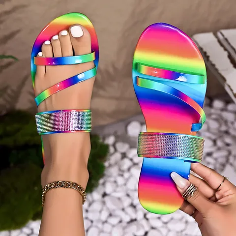 Dames Platte Strass Slides Sandalen Glanzende Spiegel Metalen Bandjes Open Teen Zomer Strand Casual Schoenen Grote Maat