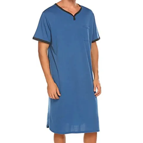 Men Loose Breathable Sleep Shirt Nightdress Short Sleeve V-Neck Pajamas Long Loungewear With Chest Pocket Contrast Trim