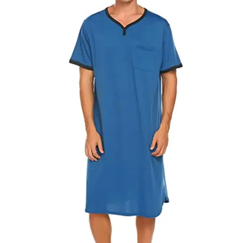Men Loose Breathable Sleep Shirt Nightdress Short Sleeve V-Neck Pajamas Long Loungewear With Chest Pocket Contrast Trim