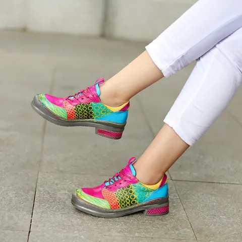 Dames Retro Bohemian Echt Leer Kleurblok Loafers Handgemaakt Stiksel Blokhak Casual Veterschoenen Voor Vrouwen
