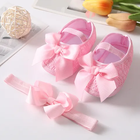 Infant Princess Shoes And Headband Cute Bow Soft Sole Pre-walker Shoes For Newborn Baby Girl Floral Lace Footwear