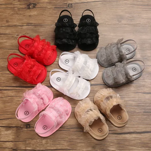 Summer Baby Girl Soft Sole Sandals Ruffled Mesh Tulle Pre-walker Shoes Infant Toddler Princess Non-slip Elastic Strap First Walker Shoes