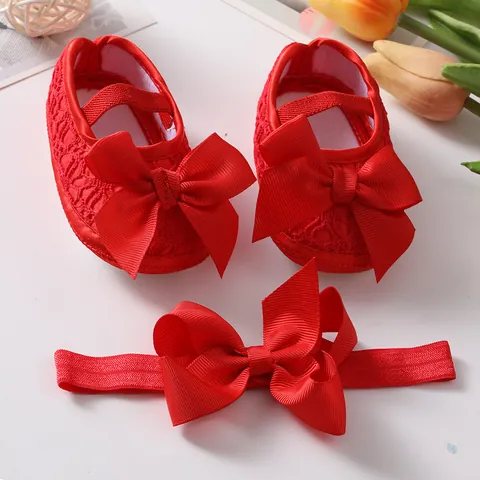 Infant Princess Shoes And Headband Cute Bow Soft Sole Pre-walker Shoes For Newborn Baby Girl Floral Lace Footwear