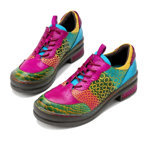 Dames Retro Bohemian Echt Leer Kleurblok Loafers Handgemaakt Stiksel Blokhak Casual Veterschoenen Voor Vrouwen