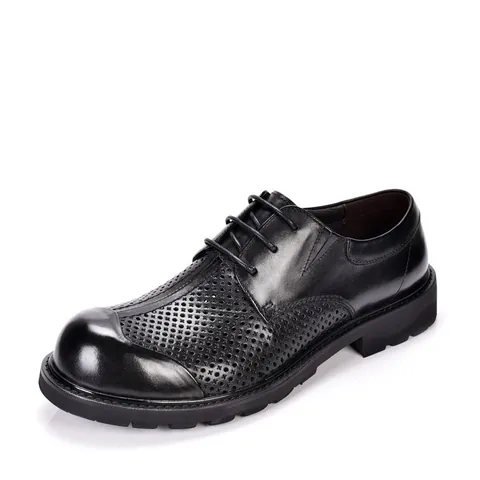 Men's Top Layer Cowhide Leather Hollow Perforated Business Casual Shoes Thick Sole Breathable Round Toe Lace-up Sandals