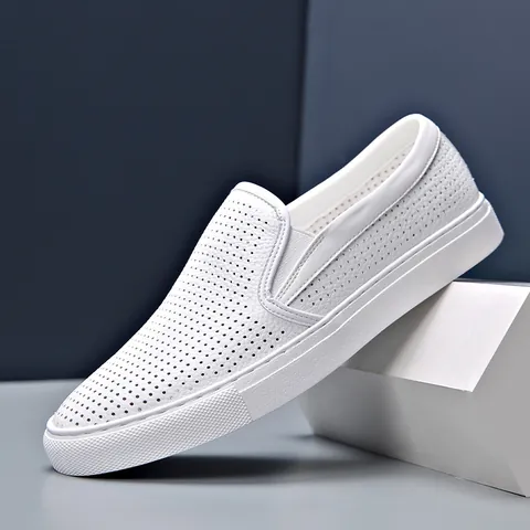 Men Casual Leather Slip On Shoes Hollow Breathable Board Shoes Fashion White Black Loafers Comfortable Daily Footwear