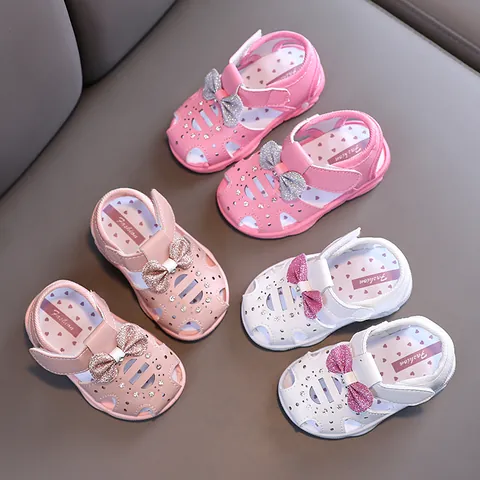 Toddler Girls Princess Sandals Soft Sole Bowknot Rhinestone Glitter Baby First Walker Shoes Summer Hollow Out Hook And Loop White Pink