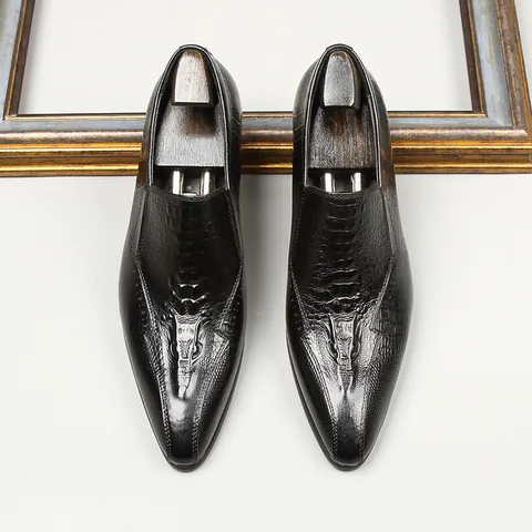 Men's Crocodile Pattern Loafers Pointed Toe Cowhide Business Casual British Style Slip-on Leather Shoes Breathable Formal Office