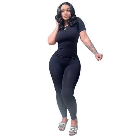 Women Ribbed Top And Bottom High Elastic Short Sleeve Round Neck T-Shirt And High Waist Leggings Sporty Casual Two Piece Outfits Plus Size Tracksuit