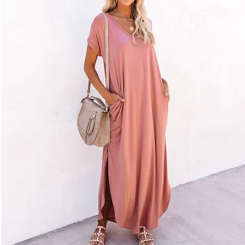 Women Casual Loose Cotton Maxi Dress V Neck Short Sleeve Solid Color Irregular Slit Hem Summer Dress with Pockets