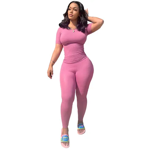 Women Ribbed Top And Bottom High Elastic Short Sleeve Round Neck T-Shirt And High Waist Leggings Sporty Casual Two Piece Outfits Plus Size Tracksuit
