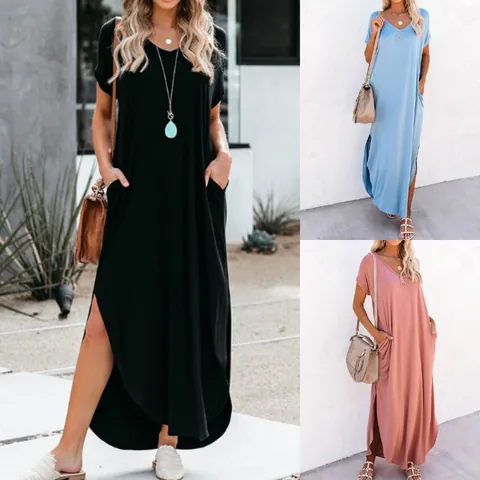 Women Casual Loose Cotton Maxi Dress V Neck Short Sleeve Solid Color Irregular Slit Hem Summer Dress with Pockets
