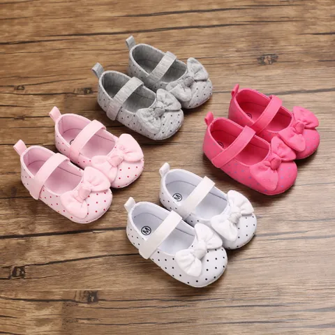 Scarpe da Principessa con Suola Morbida per Neonate Primi Passi con Fiocco a Pois in Tessuto di Cotone Mary Jane