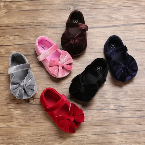 Baby Girl Princess Velvet Shoes Big Bowknot Mary Jane Soft Sole Anti-Slip Toddler Infant First Walker Flat Shoes