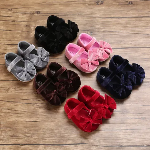Baby Girl Princess Velvet Shoes Big Bowknot Mary Jane Soft Sole Anti-Slip Toddler Infant First Walker Flat Shoes