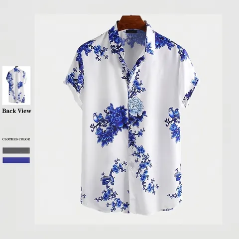 Camicia Casual da Uomo a Maniche Corte Stile Cinese Pittura a Inchiostro Fiori di Prugno Uccello Stampato Top in Poliestere