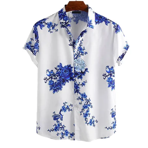 Camicia Casual da Uomo a Maniche Corte Stile Cinese Pittura a Inchiostro Fiori di Prugno Uccello Stampato Top in Poliestere