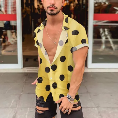 Men Hawaiian Beach Polka Dot Print Slim Fit Short Sleeve Shirt Casual Button Down Turndown Collar Summer Resort Top