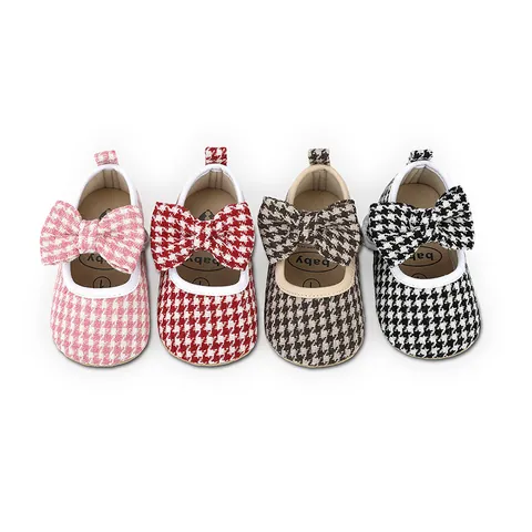 Baby Girl Mary Jane First Walker Shoes Houndstooth Pattern Soft Sole Canvas Infant Shoes Large Bow Anti-Slip Toddler Walking Shoes